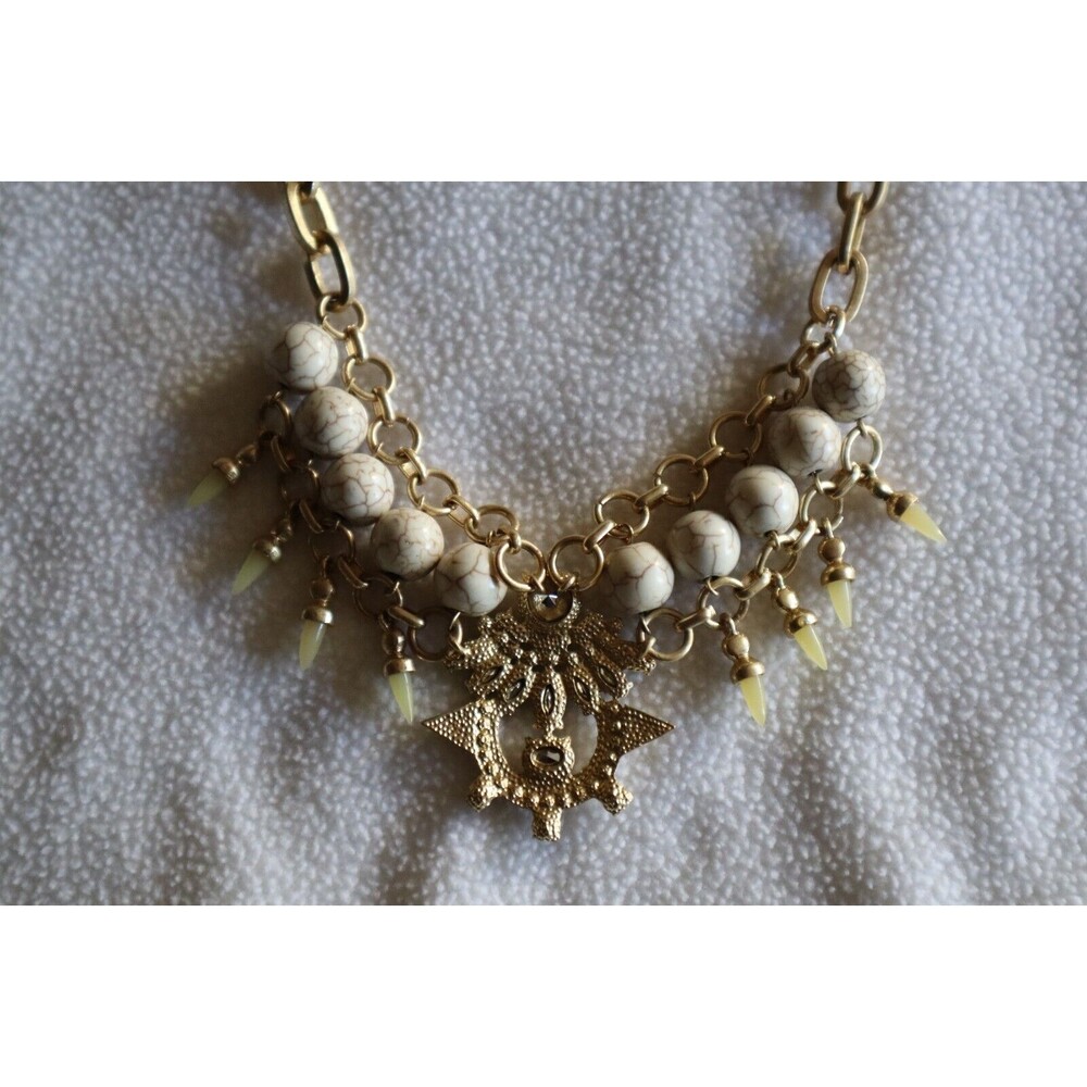 Gold Tone Chain Link Bead Necklace White Marbled Faux Howlite Rhinestone AB 17"+ - Picture 8 of 10